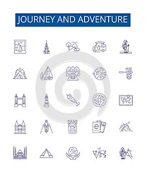 Journey and adventure line icons signs set. Design collection of Voyage, Expedition, Trek, Traverse, Roam, Expeditionary photo
