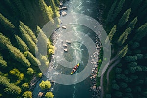 Journey along a mountain river in the forest, view of the boat from above. Generative ai