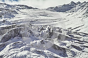 Journey through Altai mountains to Aktru. Hiking to snowy peaks of Altai mountains. Survival in harsh conditions, beautiful nature