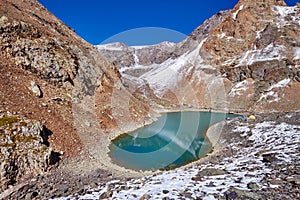 Journey through Altai mountains to Aktru. Hiking to snowy peaks of Altai mountains. Survival in harsh conditions, beautiful nature