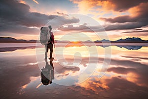 Journey as a man traveler, donning a backpack, gracefully traverses the expansive salt lake at sunset. The tranquil water surface