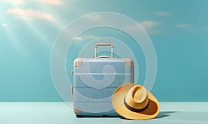 journey background beautiful blue trip holiday vacation baggage suitcase travel hat. Generative AI.