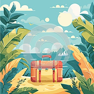 Journey concept, touristic suitcase on sand sea beach with leaves paradise island sky cloud background, tour baggage at photo