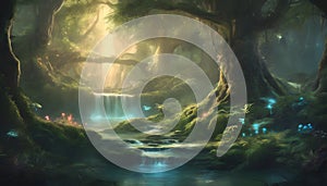 A Journey Through the Enchanted Woodland: Glowing Flora, Mythical Beings, and Shimmering Waters, Generative AI photo