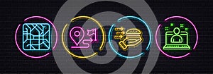 Journey, Food delivery and Metro map minimal line icons. For web application, printing. Neon laser 3d lights. Vector