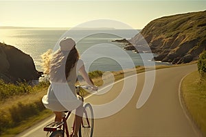 Journey of Freedom Adventurous Woman Riding Bicycle on Scenic Coastal Path with Focus. created with Generative AI