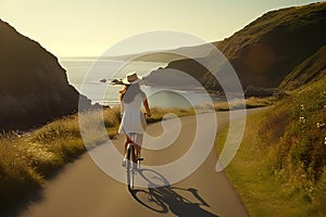 Journey of Freedom Adventurous Woman Riding Bicycle on Scenic Coastal Path with Focus. created with Generative AI