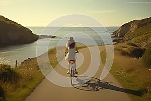 Journey of Freedom Adventurous Woman Riding Bicycle on Scenic Coastal Path with Focus. created with Generative AI