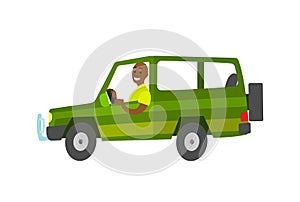 Journey in Green Vehicle, Driver in Car Vector