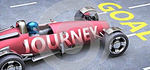 Journey helps reaching goals, pictured as a race car with a phrase Journey as a metaphor of Journey playing important role in