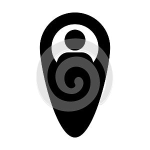 Journey icon vector male user person profile avatar with location map marker pin symbol in flat color glyph pictogram