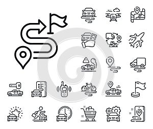 Journey line icon. Road path sign. Plane, supply chain and place location. Vector