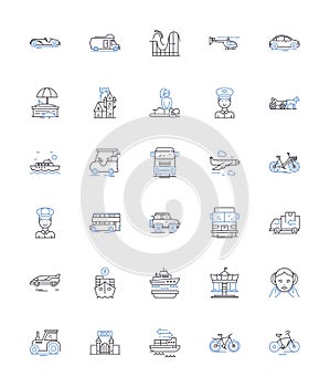 Journey line icons collection. Expedition, Odyssey, Pilgrimage, Trek, Excursion, Adventure, Roam vector and linear