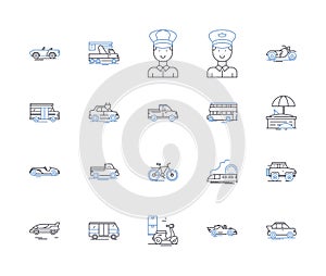 Journey line icons collection. Exploration, Adventure, Odyssey, Trek, Pilgrimage, Excursion, Voyage vector and linear