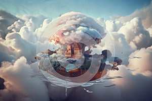 a journey through a magical dreamscape, featuring floating clouds and surreal scenery