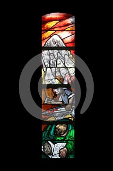 The journey of the nation at the end of the day on Mount Sinai, stained glass window in Saint James church in Sontbergen, Germany