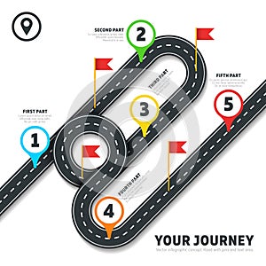 Journey road map business vector cartography infographic template with pins and flags