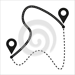 Journey route concept with pin markers. Dotted trail map. Travel navigation path. Vector illustration. EPS 10.