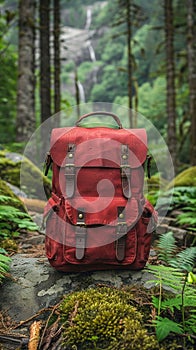 Journey's Companion: Red Backpack in Lush Forest Setting. Generative ai