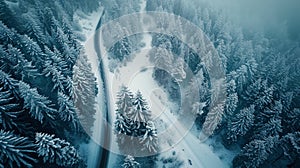 Journey Through Seasons: Aerial Roadscapes, forest big mountain in the Snow seasons