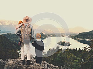 Journey Slovenia with kids. Family travel Europe. View on Bled Lake