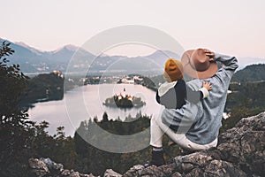 Journey Slovenia with kids. Family travel Europe. View on Bled Lake