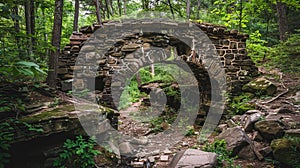 Journey Through Time, Ancient Ruins and Decrepit Stone Bridge in Forest. Generative Ai