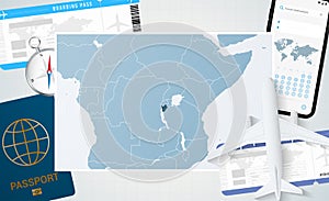 Journey to Burundi, illustration with a map of Burundi. Background with airplane, cell phone, passport, compass and tickets