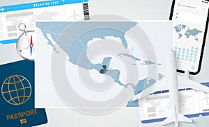 Journey to Guatemala, illustration with a map of Guatemala. Background with airplane, cell phone, passport, compass and tickets photo