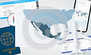 Journey to Mexico, illustration with a map of Mexico. Background with airplane, cell phone, passport, compass and tickets
