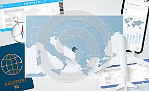 Journey to Montenegro, illustration with a map of Montenegro. Background with airplane, cell phone, passport, compass and tickets