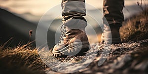 Journey to the Summit. Close-up shot of worn leather hiking boots trekking up a rocky mountain trail showcasing the rugged terrain