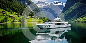 Journey to Tranquil Beauty: A Scenic Norwegian Fjord Cruise amidst Majestic Mountains and Serene Waters of