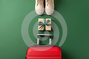 A journey to your dream winter vacation is symbolized by top view white boots, a suitcase green background