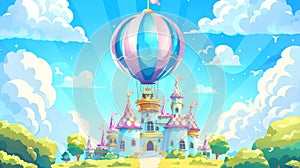 A journey to your dreams. Modern poster of a flying blue aerostat, a princess palace, and a hot air balloon.
