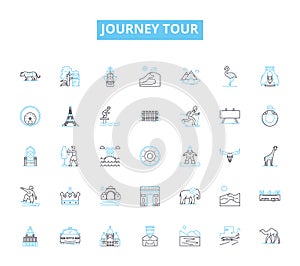 Journey tour linear icons set. Trek, Adventure, Expedition, Excursion, Odyssey, Safari, Jaunt line vector and concept