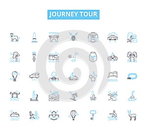 Journey tour linear icons set. Trek, Adventure, Expedition, Excursion, Odyssey, Safari, Jaunt line vector and concept