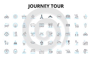 Journey tour linear icons set. Trek, Adventure, Expedition, Excursion, Odyssey, Safari, Jaunt vector symbols and line