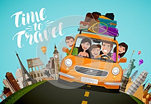 Journey, travel concept. Happy family rides in car on vacation. Cartoon vector illustration