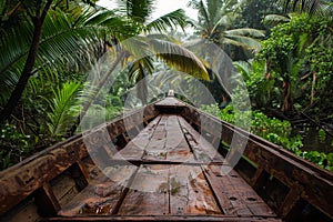 Journey through a tropical river in a wooden boat