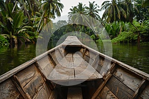 Journey through a tropical river in a wooden boat