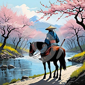 A journey of a wandering samurai, traveling, landscape with cherry blossoms, winding river, ukiyo-e style, digital painting art