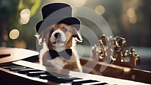 A jovial Bordeaux puppy with a wide grin, wearing a tiny top hat , seated at a miniature piano photo