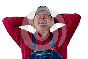 Jovial farmer or worker enjoying a hearty laugh photo