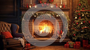 jovial interior with a fireplace and Christmas tree