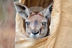 jovial kangaroo peeking out of its mother's pouch, with a mischievous grin