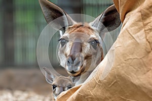 jovial kangaroo peeking out of its mother's pouch, with a mischievous grin