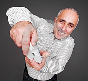 Jovial man oncentrated on gaming photo