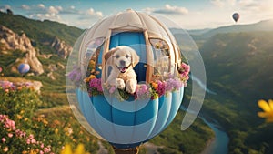 A jovial puppy with a beaming smile, sitting in a blue hot air balloon shaped like a tiny house photo