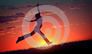 Joy and Happiness - Young Woman Jumps at Sunset